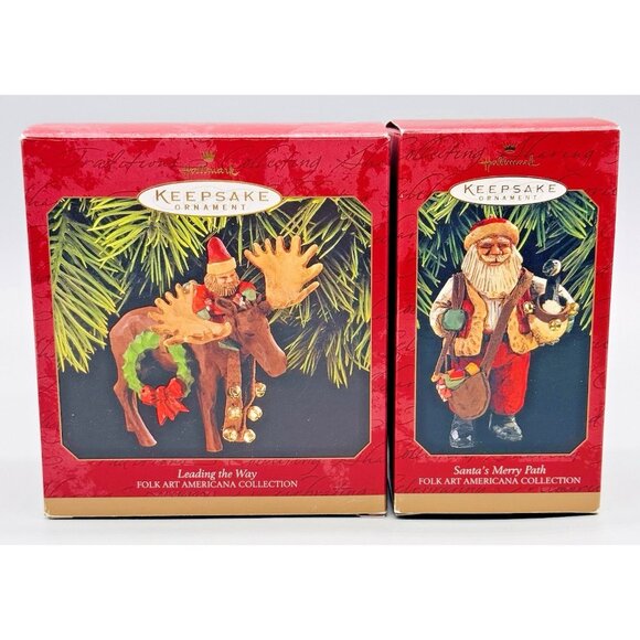 Hallmark Keepsake Folkart Americana Santa's Merry Path Leading the Way Lot of 2 - Picture 1 of 16